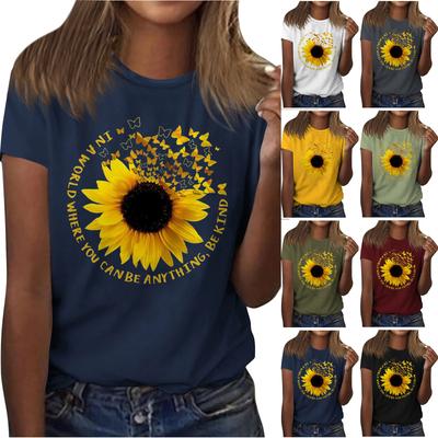 Sunflower Ladies Cute Print Short Sleeve Round Neck Front Shoulder Vintage Short Sleeve Summer Loose Shirt Top