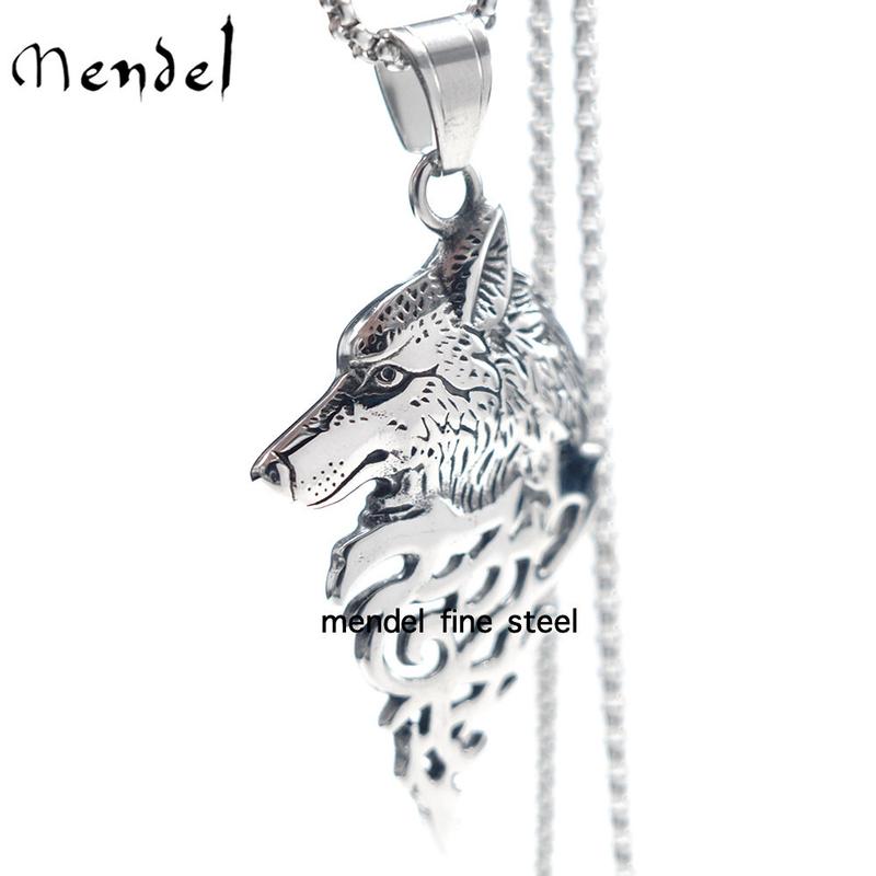 Mens Stainless Steel Viking Fenrir Wolf Head Pendant Necklace Men Silver