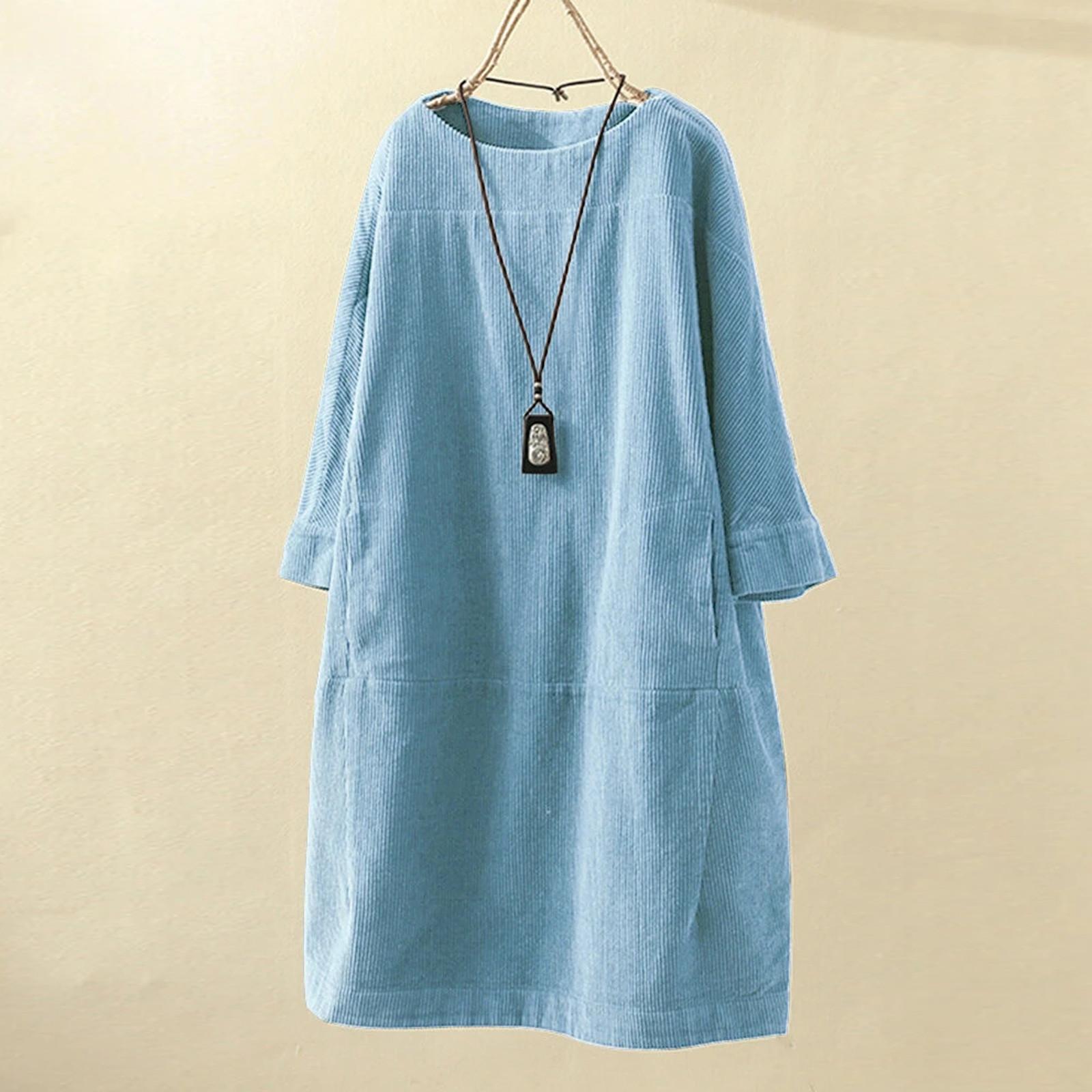 

Женские винтажные карманы вельветовое однотонное свободное повседневное платье с длинным рукавом XL небесно-голубой