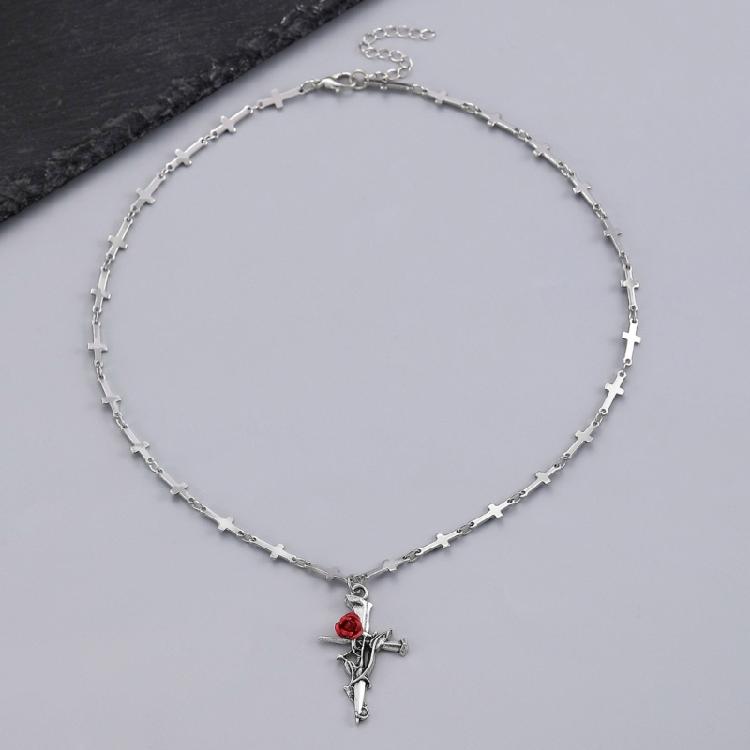 Versatile Crucifix Pendant Chain Rose Detailing Adjustable Necklace for Everyday Outfits Religious Accessory Jewelry