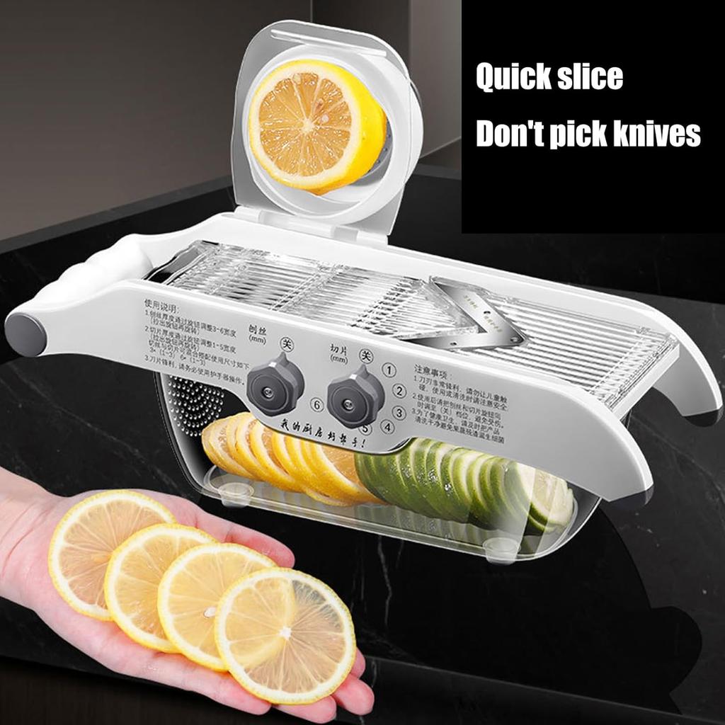 Multifunctional Lemon Slicer,Manual Fruit Potato Choppers with Adjustable Thickness and Storage Box