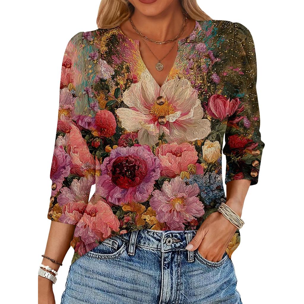 Women's Retro Printed Loose 7-inch Sleeve Top