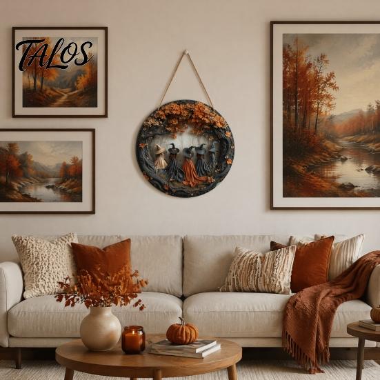 Custom Home Wall Decor Halloween Round Wooden Hanging Door Sign with 5 Witches, Decorative for Living Room Plaque Front Porch Yard Balcony Garden