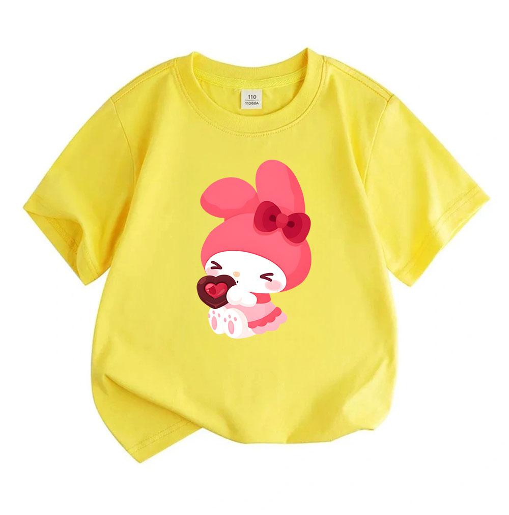 Cute Cartoon Bunny Heart Chocolate Print Kids 100% Cotton T-shirt Boys Girls Casual Crew Neck Short Sleeve Soft Breathable Summer Trendy Daily Wear Cu