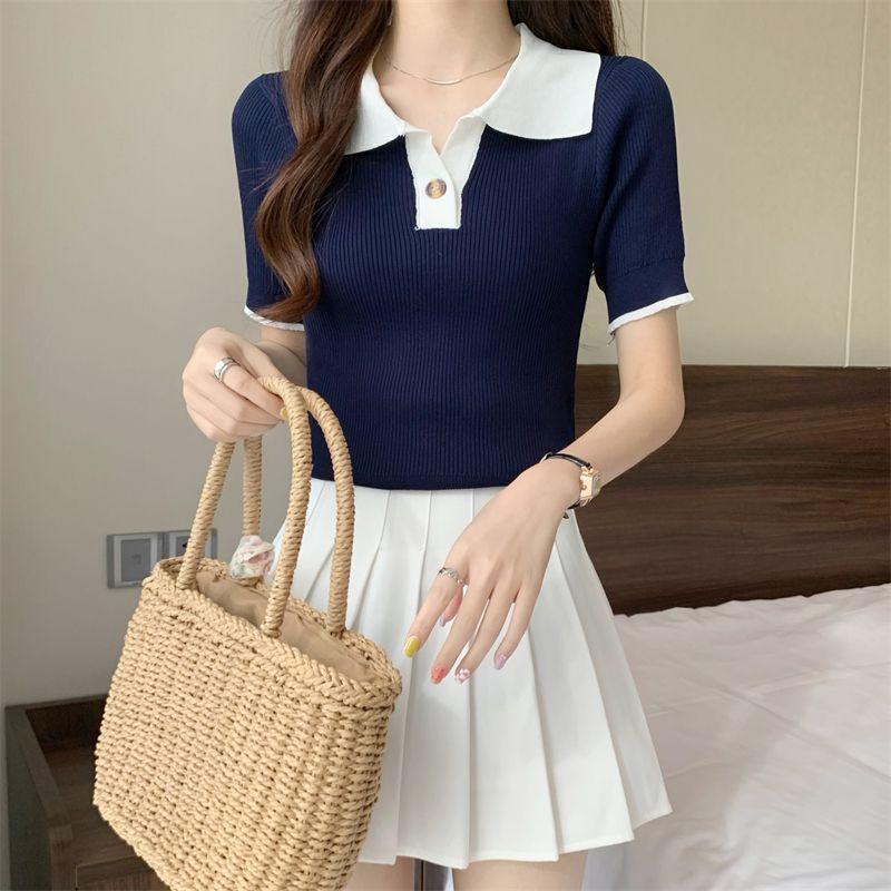 

В язаний жіночий літній светр із ретро-коміром, контрастним кольором із льодового шовку, тонкий топ у корейському стилі з короткими рукавами та коміром-поло. M