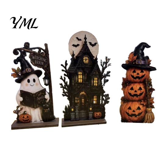 Cute Pumpkin Witch Hat 3Pcs Halloween Wooden Decorations, Fall Tabletop Ornaments with Ghost Black Cat Indoor Desktop Elements, Retro Wood Figurines