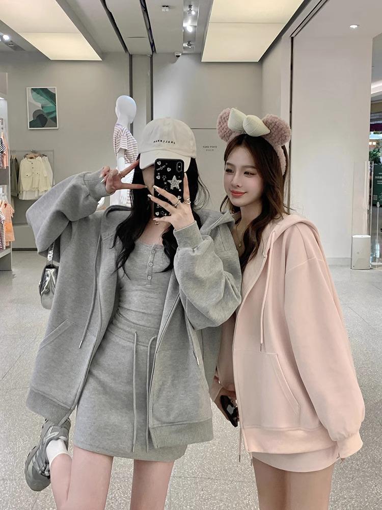 Women's Gray Sporty Hoodie and High-Waisted Skirt Set - Korean Style, Spring/Autumn 2026 Collection.