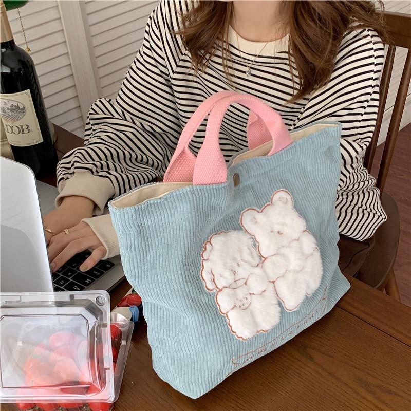 

Милая мультяшная вышитая холщовая сумка для переноски в руках, вельветовая сумка-тоут для студентов, мам, пригородных поездов, сумка-бенто