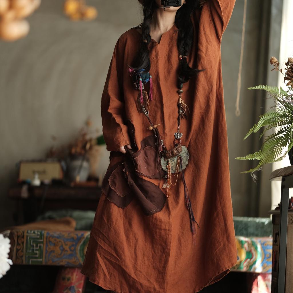 Johnature Women Vintage Loose Dress V-Neck Print Dresses