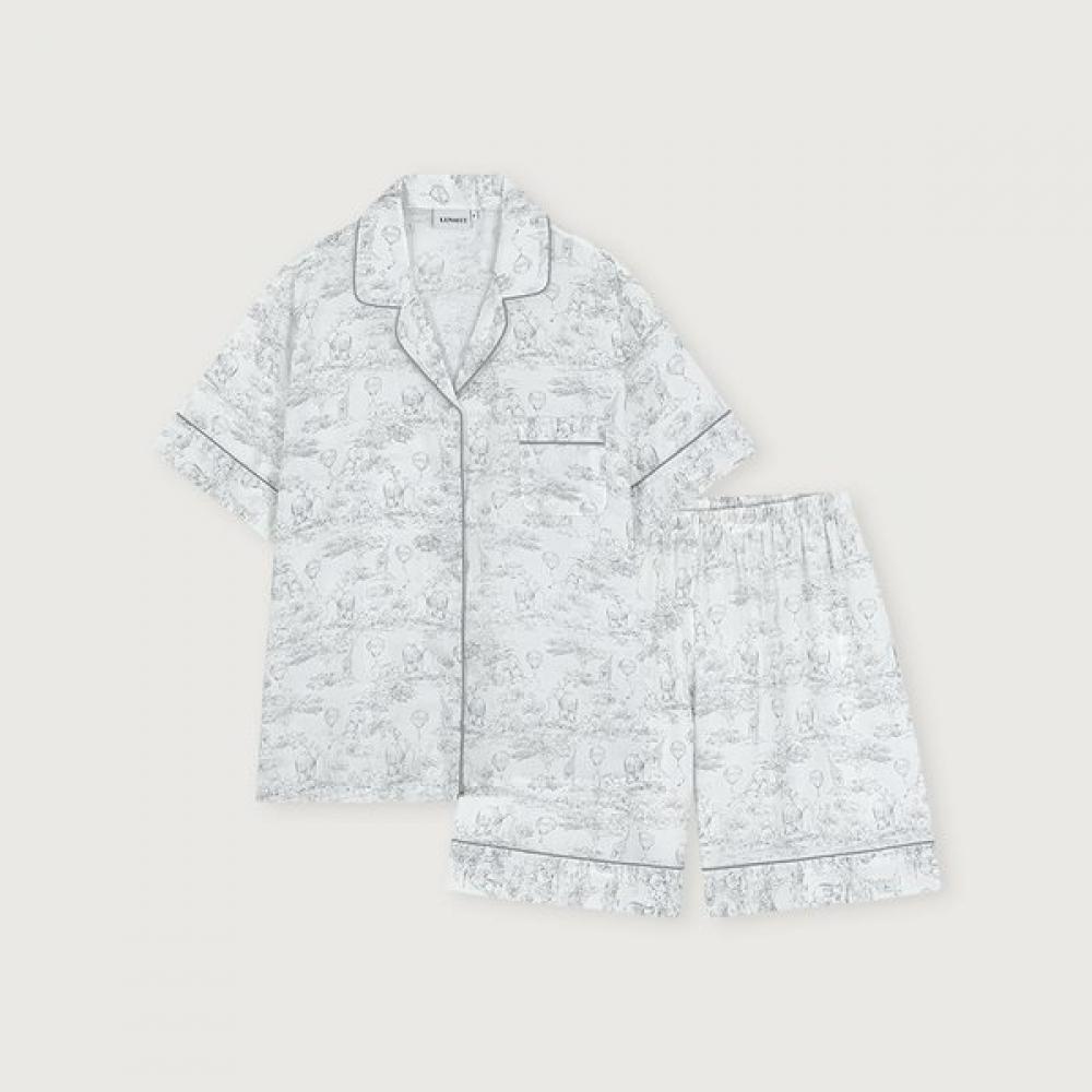 Lunaluz Women Lyocell Short Sleeve Collar Neck Two Piece Pajamas Grey/free