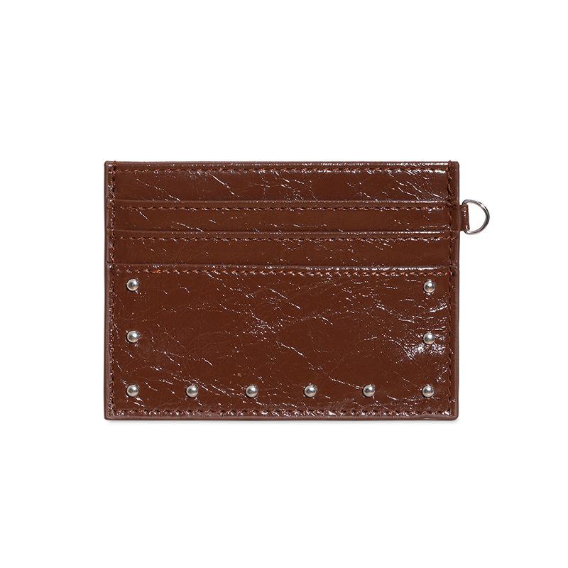 Compact Ultra Thin Cracked Leather Card Wallet Mini Size Multiple Slots With Rivet Design Solid Color Pu Coin Purse
