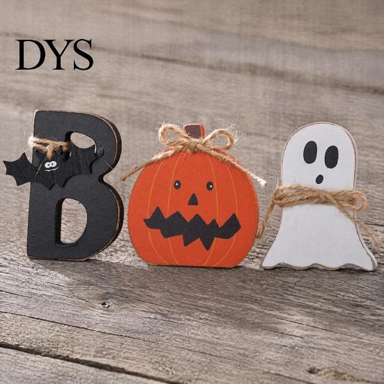 Seasonal Room Decor 3 Pcs Halloween Indoor Table Decoration, Cute Ghost Wooden Sign with Jute Rope, Rustic Ornaments Farmhouse BOO Block for