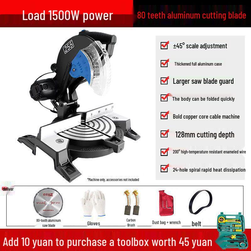High Precision 10" Aluminum Alloy Miter Saw, 45º Multifunctional Cutting Machine