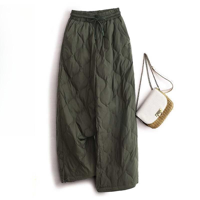 Tie Elastic Waist Diamond Lattice Embossed Line Cotton Pants Female Autumn and Winter New Literary Big Yards Loose Windproof Warm Wide-legged Pants