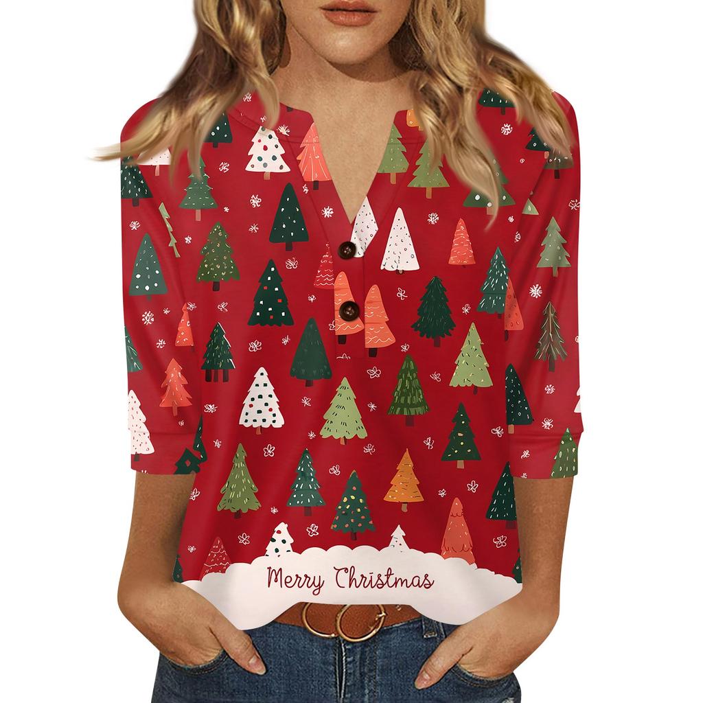 Women's T Shirt Christmas Print Button 3/4 Sleeve Daily Weekend Fashion Basic V- Neck Regular Top