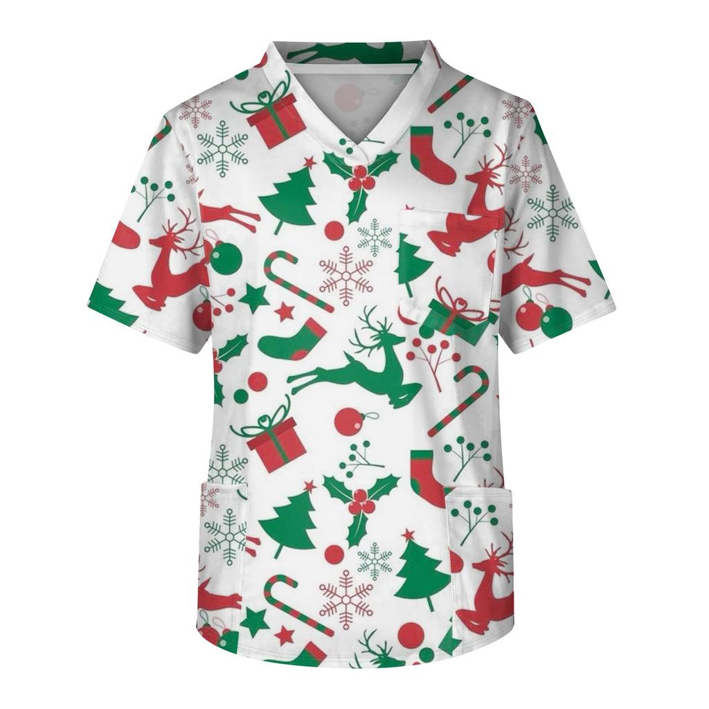 Men's Short Sleeve V-Neck Christmas Print Chest Pocket Care Top