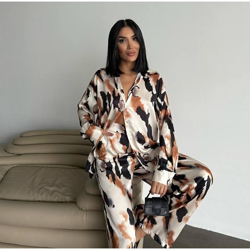 Tištěný volný ležérní set dámská košile s dlouhým rukávem kalhoty se širokými nohavicemi dvoudílný set na dojíždění jaro a léto