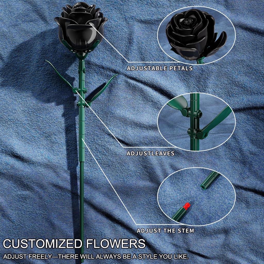 Non-Toxic 12 Pieces Black Rose Bundle Building Blocks Toys Model Flowers Bricks Toy Sets Desktop Ornament Valentine'S Day Christmas Gifts