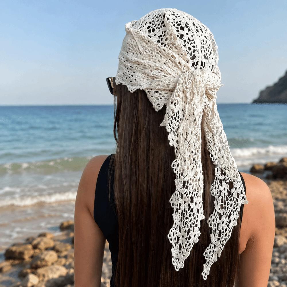 Sheer Mesh Floral Lace Scarf Hollow Design Crochet Headscarf Cute Beach Hair Band  Beach Outfits
