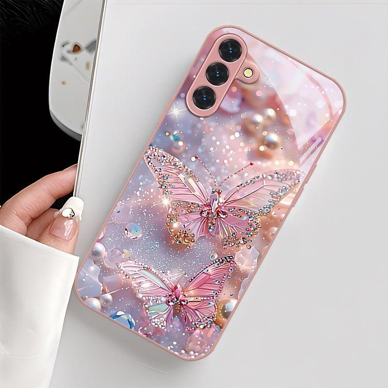 Pink Diamond Studded Butterfly Glass Phone Case Suitable for Samsung Galaxy S26 S25 S24 S23 S22 S21 S20 FE/Ultra/Plus Anti Drop
