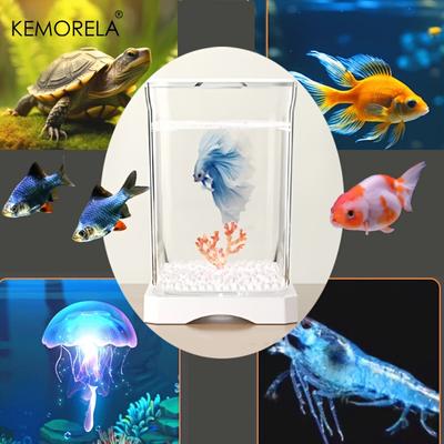 KEMORELA Acryl Kampffischbecken Hohe Transparenz mit Futteröffnung Schreibtisch-Fischschale Abnehmbares Kleines Landschafts-Fischbecken