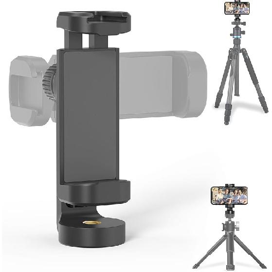 Phone Mount for Tripod, Universal Tripod Mount Adapter with Cold Shoe, 360° Rotates Adjustable Cell Phone Clip Clamp Holder with 1/4  Screw, Phone Mount