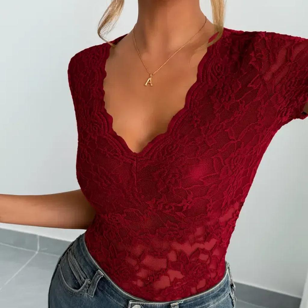 Elegant Women'S Red Lace V-Neck Short Sleeve Top Stretchy Form-Fitting Perfect for Spring & Summer Casual Wear Floral Print Top