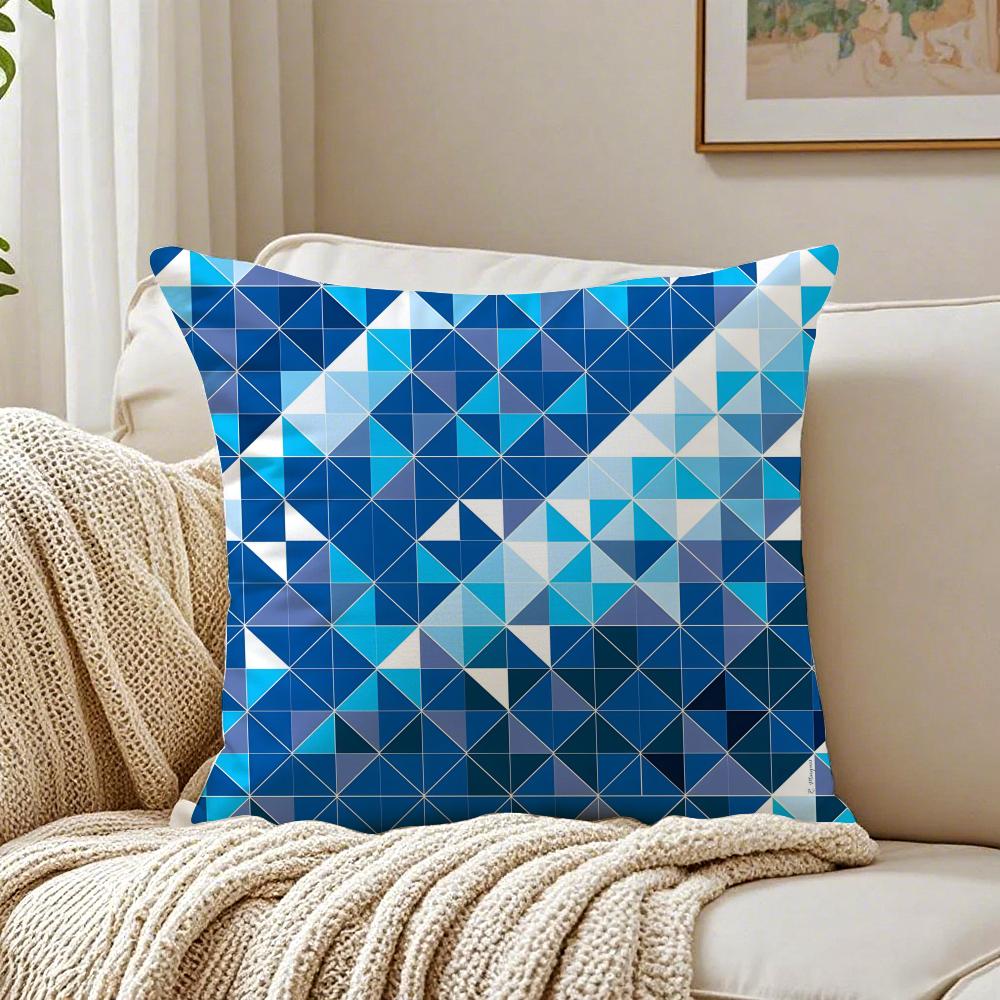 Blue And White Geometric Pillow Case Double-Sided Plush Sofa Cushion Covers Organic Breathable Invisible Zipper