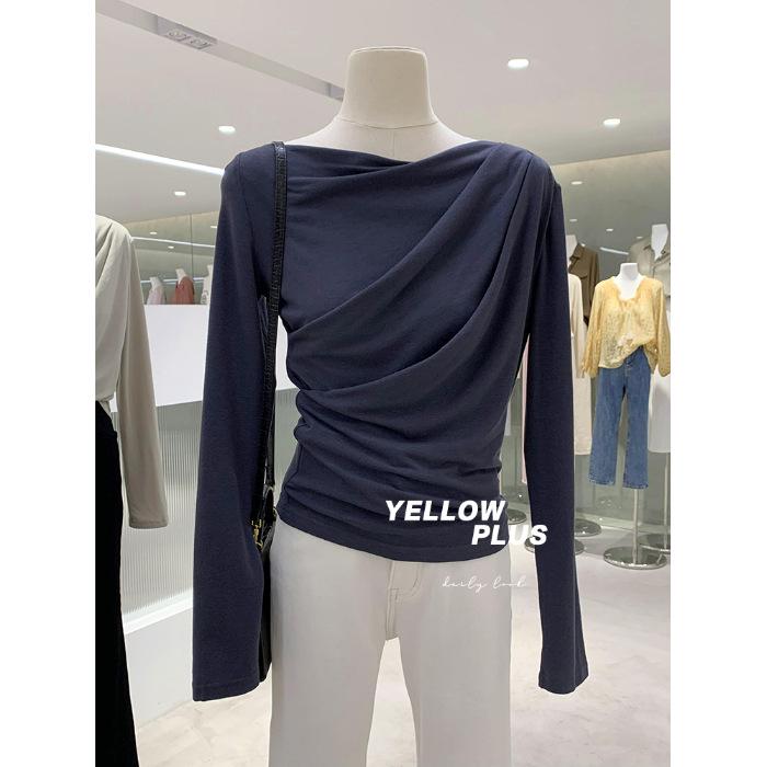 New 2024 Off-Shoulder Ruched Long-Sleeve T-Shirt, Rayon 1x1, 260g, High-End.