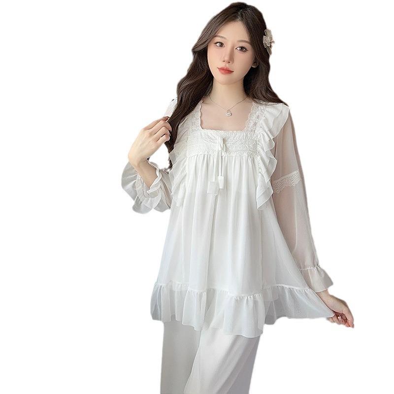 Ling Lei Chunqiu Solid Color Square Neck Lace Lace Sweet Loose Princess Wind Mesh Pajamas Set Loungewear
