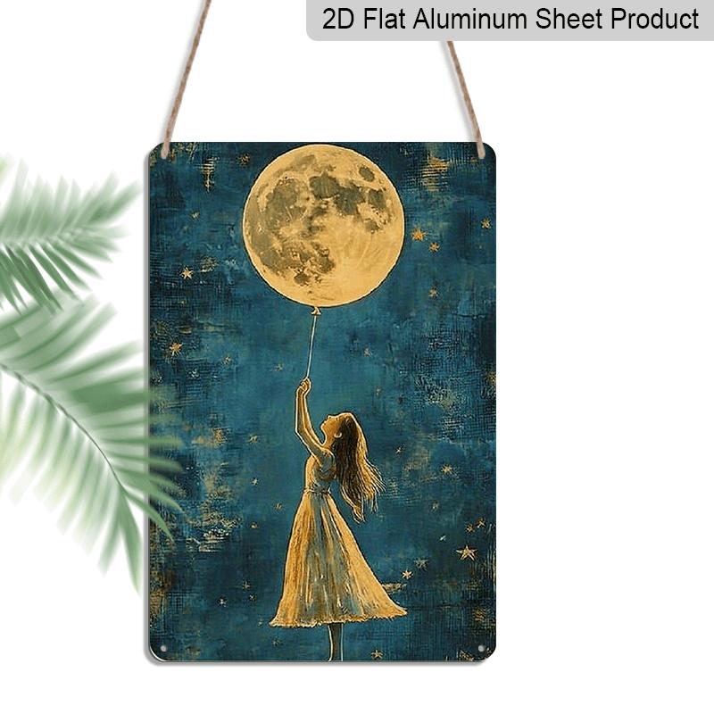 

2D Flat 8X12 Inch Metal Wall Art Featuring A Dreamy Night Sky with A Golden Full Moon and A Girl Reaching for A Balloon. This Aluminium Plaque Is 20*30cm