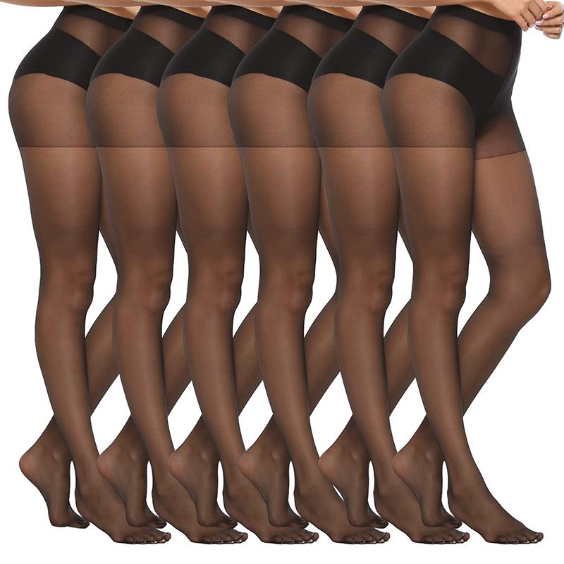 Kave 6 Pairs 20D Women'S Sheer Tights Ultra Thin High Waist Pantyhose Thigh High Stockings Office Ladies Socks Black Stocking