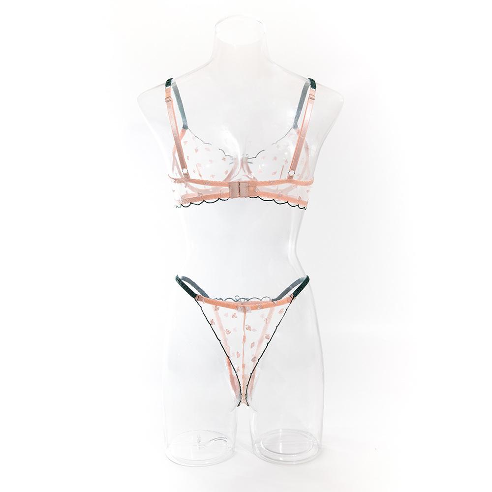 European & American Cross-Border Women's Sexy Bra Set with Card Pattern Embroidery, Transparent Lace, and Underwire Push-Up Design.