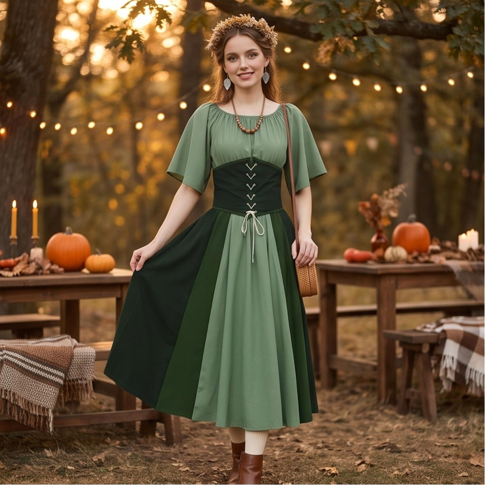 Women s Halloween Off-Shoulder Dress with Color Block Sleeves Tie Waist Belt Set XL