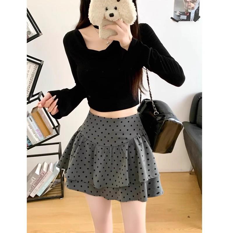 Plus Size Polka Dot High Waist A-Line Skirt for Women - Grey and Fluffy, Irregular Short Design for Summer