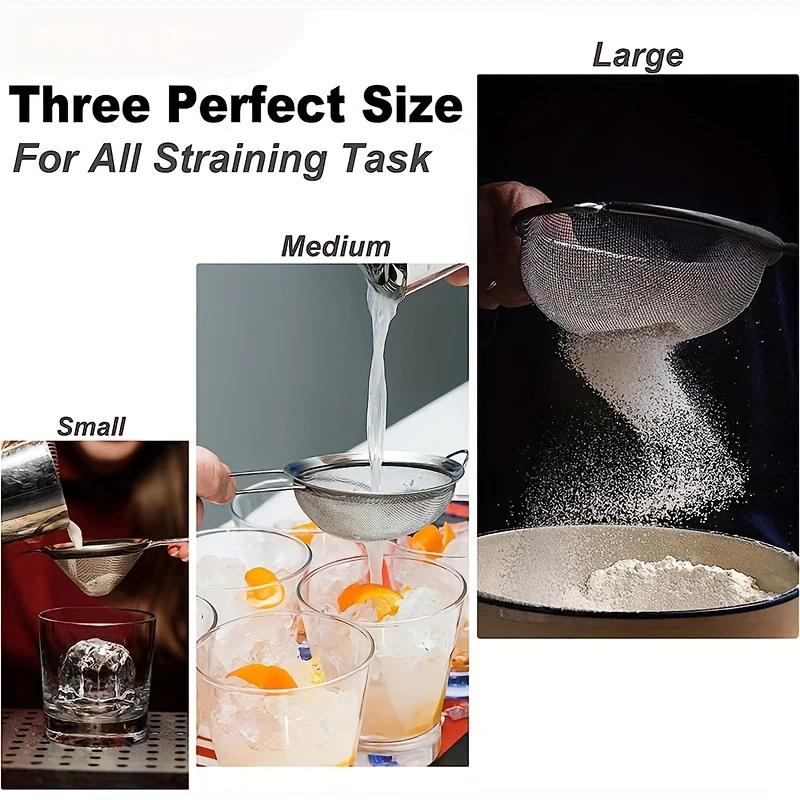 3pcs Stainless Steel Fine Mesh Food Strainer Sifter for Baking with Handle Flour Sieve Sifter Juice Soy Milk Baking Kitchen Tool