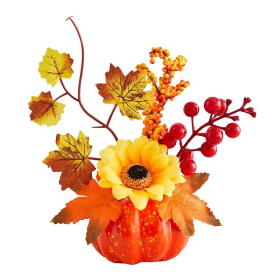 Rustic Autumn Floral Arrangement Fall Artificial Pumpkin Table Centerpiece, Fake Decoration with Sunflowers, Halloween Party Ornament Maple