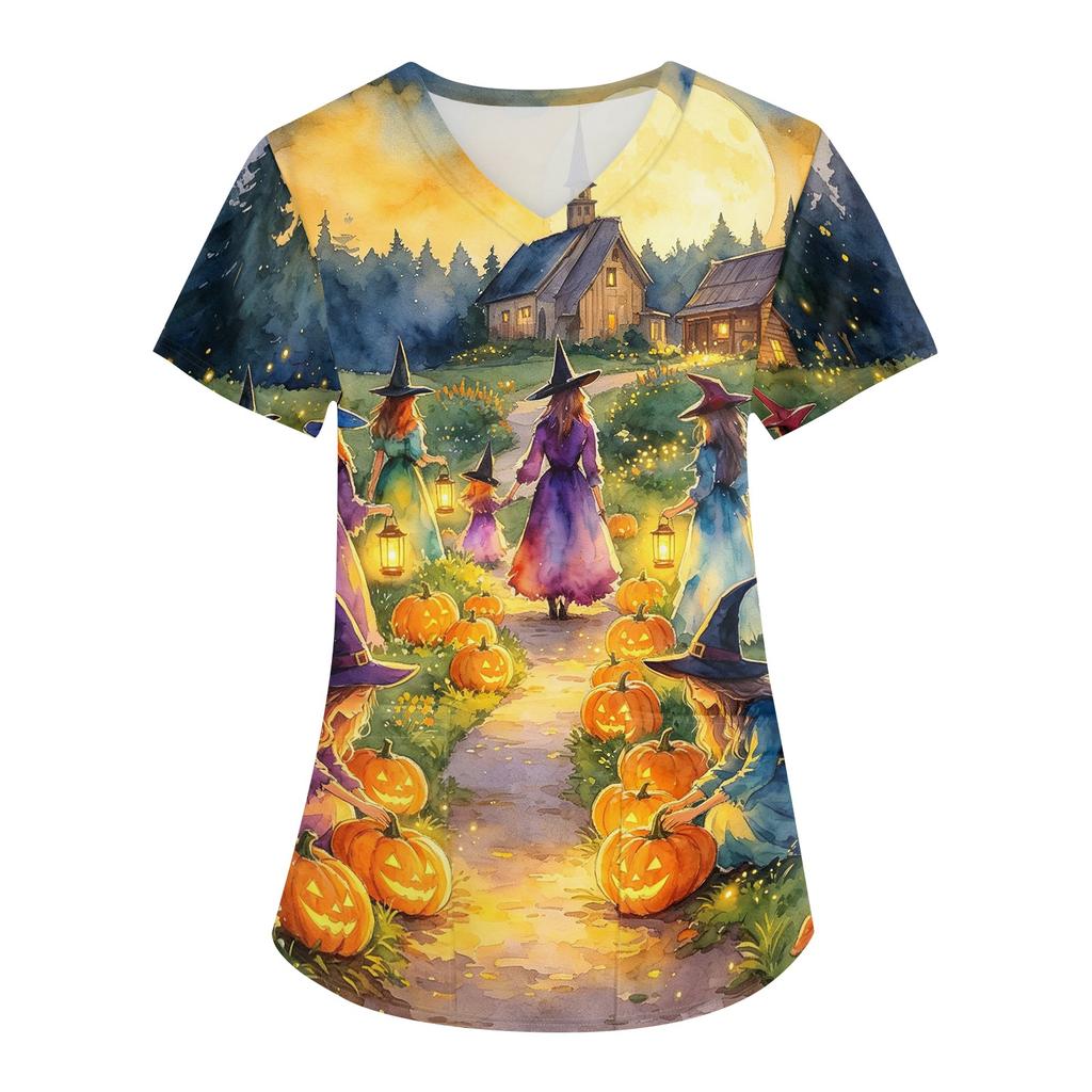 Women's Halloween Printed V-Neck Short Sleeve Scrub Top with Pockets