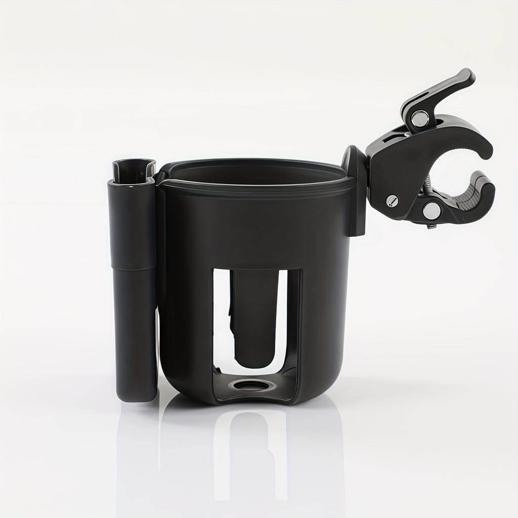 Un Portabicchieri Versatile per Passeggino con Supporto per Telefono, Progettato per Tenere Bottiglie e Bicchieri d'Acqua sia per Passeggini che per Biciclette.