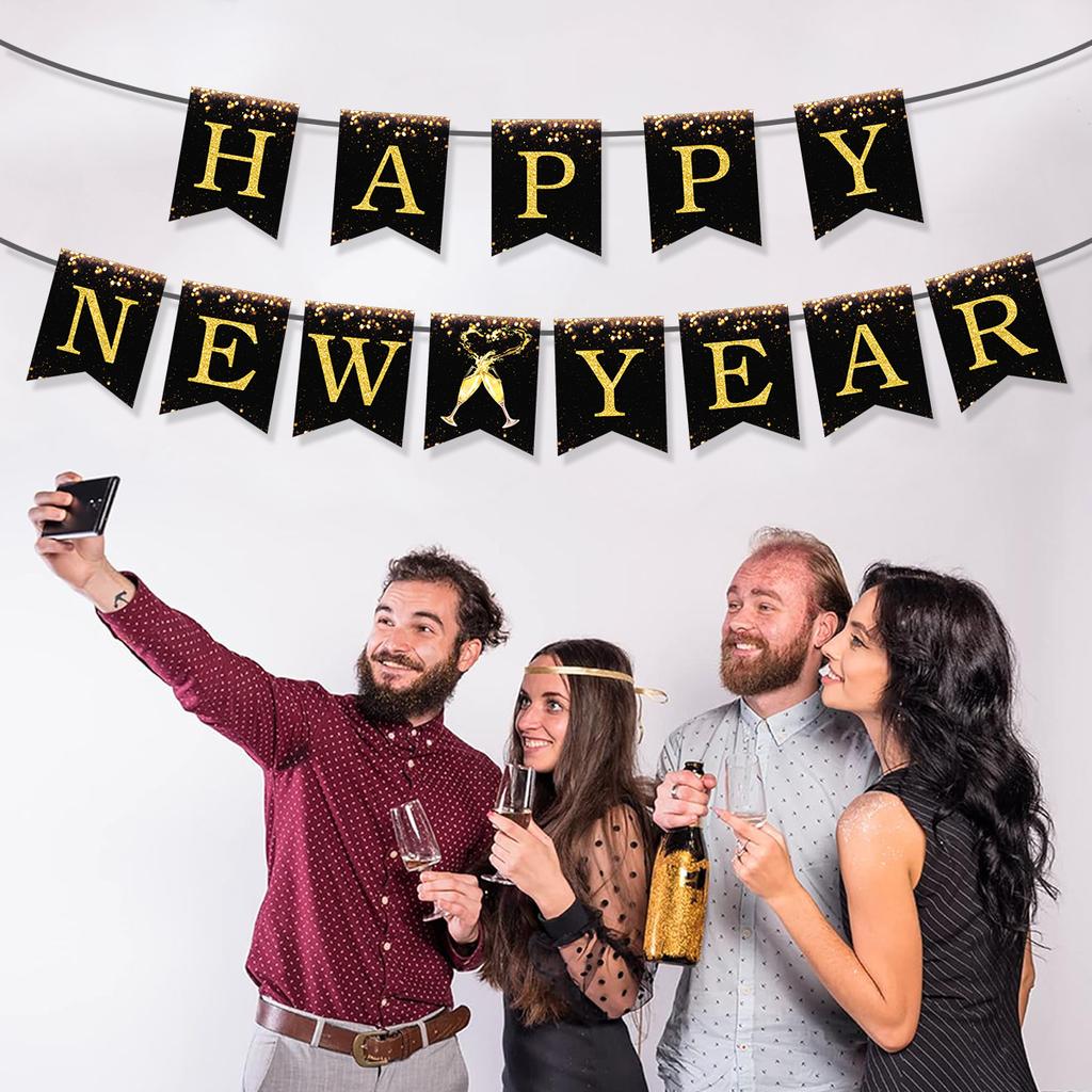Neujahrs Schwarz und Gold Feuerwerk Prost Schwalbenschwanz Fahne Frohes Neues Jahr La Fahnenbanner