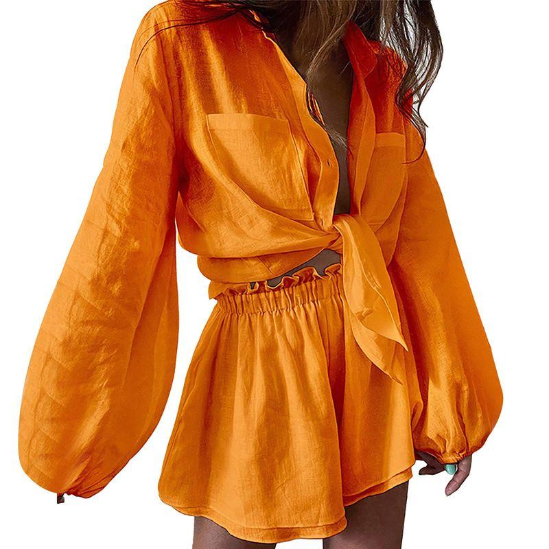 

Шорты с оборками и комплект с длинными рукавами, однотонный, с оборками, шорты, костюм с длинными рукавами, женский Orange XXXL(XXXL)