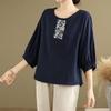 Korean Style Embroidered Cotton Linen Round Neck Mid-Sleeve Plus Size Women's T-Shirt