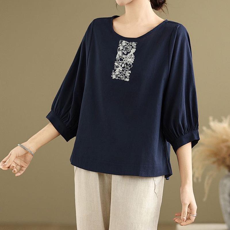 Korean Style Embroidered Cotton Linen Round Neck Mid-Sleeve Plus Size Women's T-Shirt