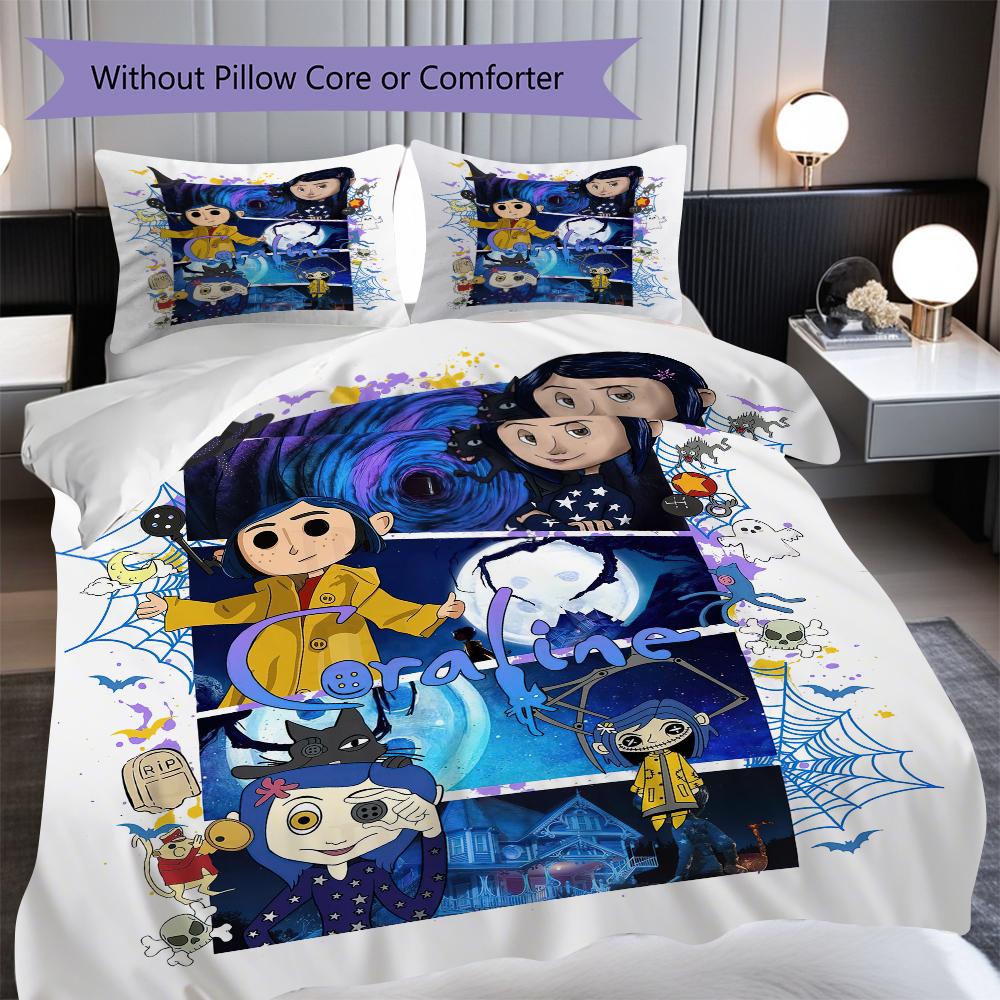1PC Coraline Pattern Bedding Quilt Set Quilt Cover Pillowcase Home Decoration Birthday Gift (1 * Duvet Cover + 2 * Pillowcase, Without Core)