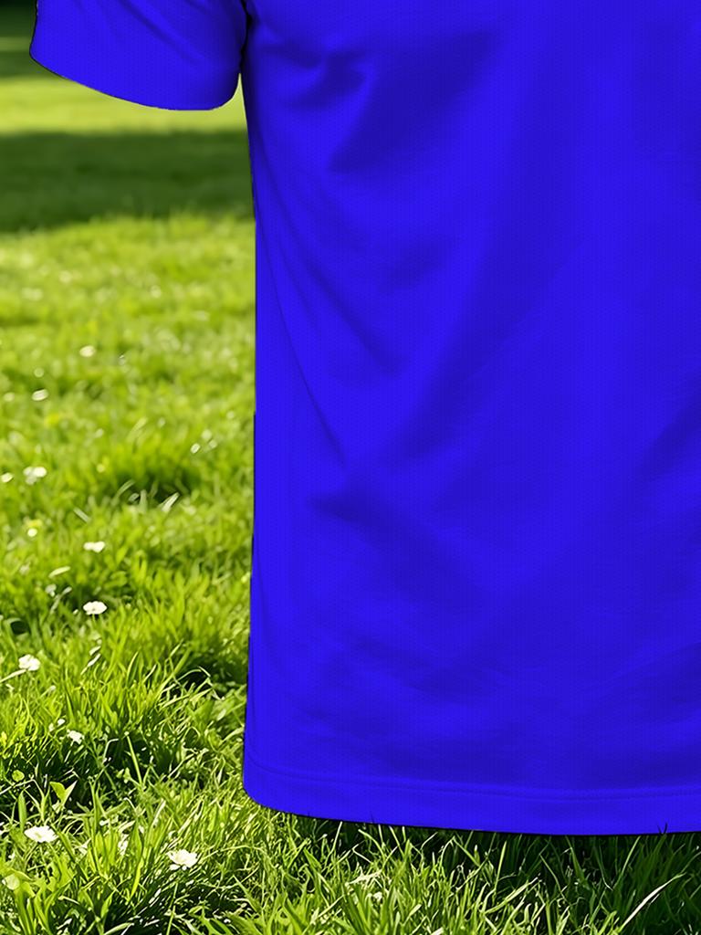 Men's Short-Sleeve Polo Shirt, Available in Multiple Sizes. Features a Button- Collar with a Small Letter Print on the Chest on a Blue Background.