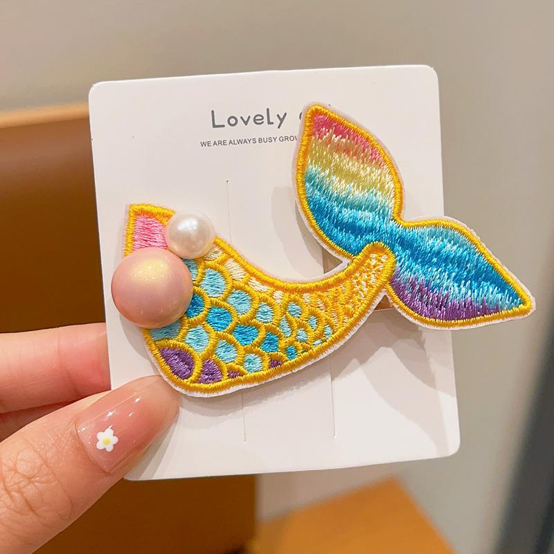 Girls New Side Clip Children's Sweet Bangs Clip Girl Baby Cute Embroidered Mermaid Style Line Up Performance Hair Card Headwear