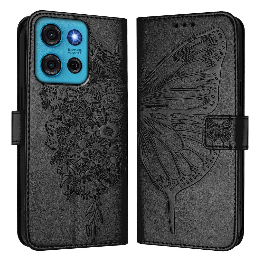 For Motorola Moto G75 5G Wallet Case with Wrist Strap Butterfly Imprint Leather Phone Cover