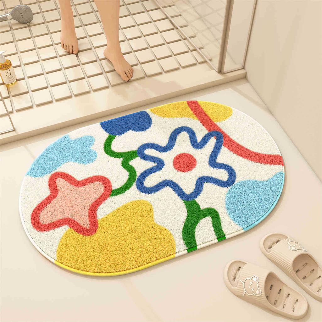 Cartoon Blume Badezimmer Bodenmatte, Duschraum, Wasseraufnahme an der Tür, Rutschfeste Imitat-Kaschmir-Bodenmatte, Haushalt Pflegeleicht