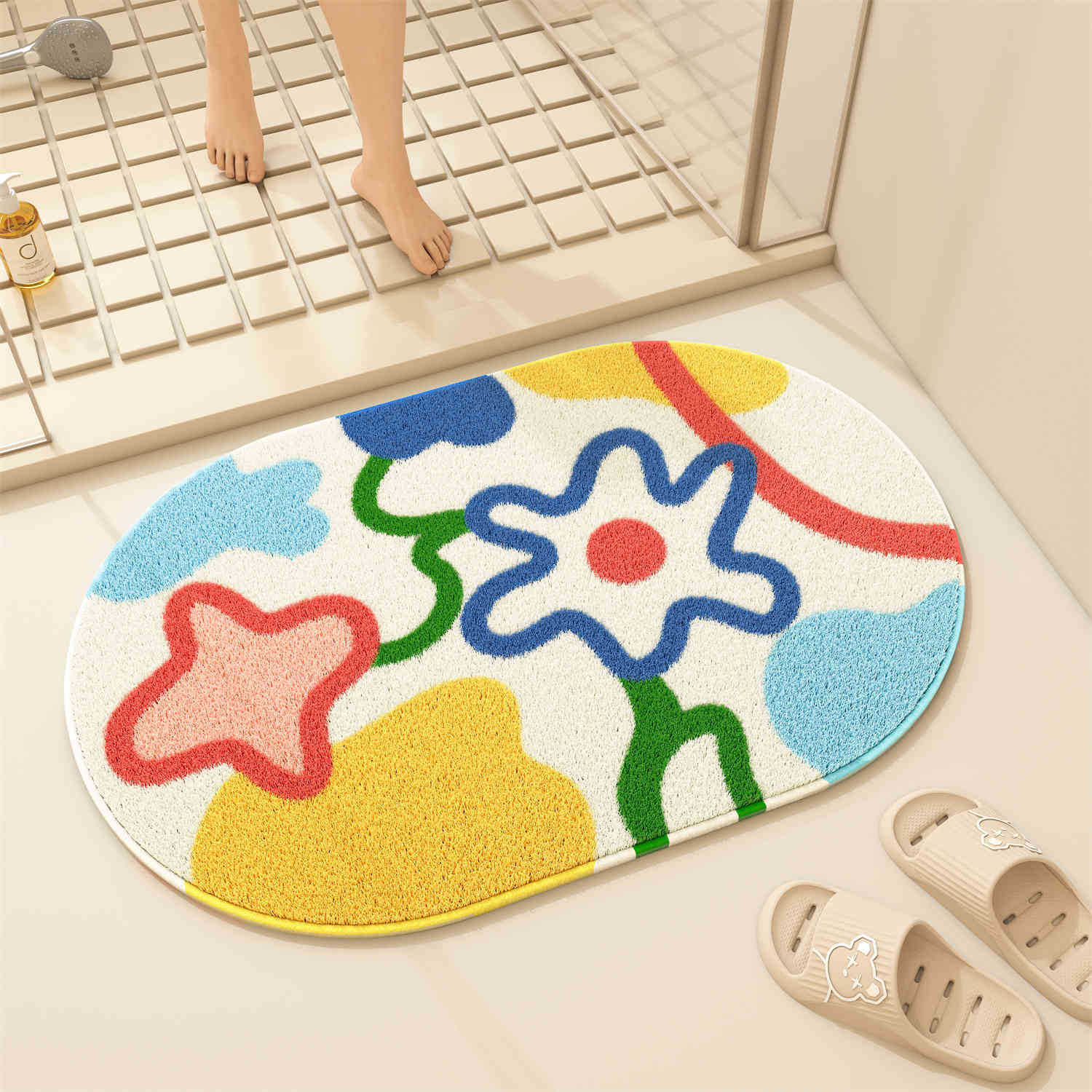 

Cartoon Flower Bathroom Floor Mat, Shower Room, Water Absorption At The Door, Non-Slip Imitation Cashmere Floor Mat, Household Easy-To-Take-Care 40 * 60Cm (imitation cashmere)