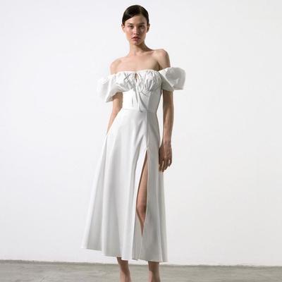 NewAsia Puffärmel Weißes Kleid Off Shoulder Cut out Tie up Side Split Geraffte Langes Kleid robe femme Sommerkleid für Frauen 2022